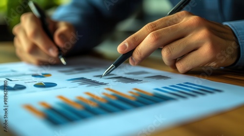 Financial reporting in progress with charts and reports being reviewed by analysts, analytical style, sharp focus