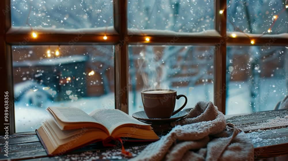 Opened book and a cup of coffee placed by the window during winter, creating a cozy and inviting atmosphere for leisurely reading
 Seamless looping 4k time-lapse virtual video animation Generated AI