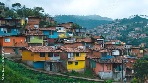 A South American hillside neighborhood with dilapidated houses and residents improvising with makeshift repairs. photo