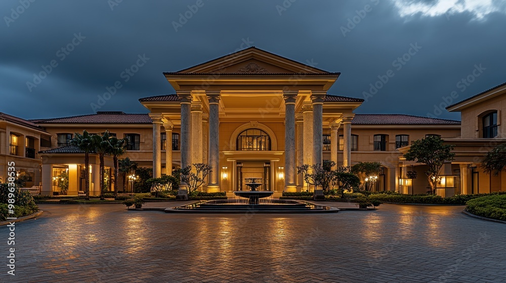 Obraz premium Elegant building facade illuminated at dusk, showcasing architectural grandeur.