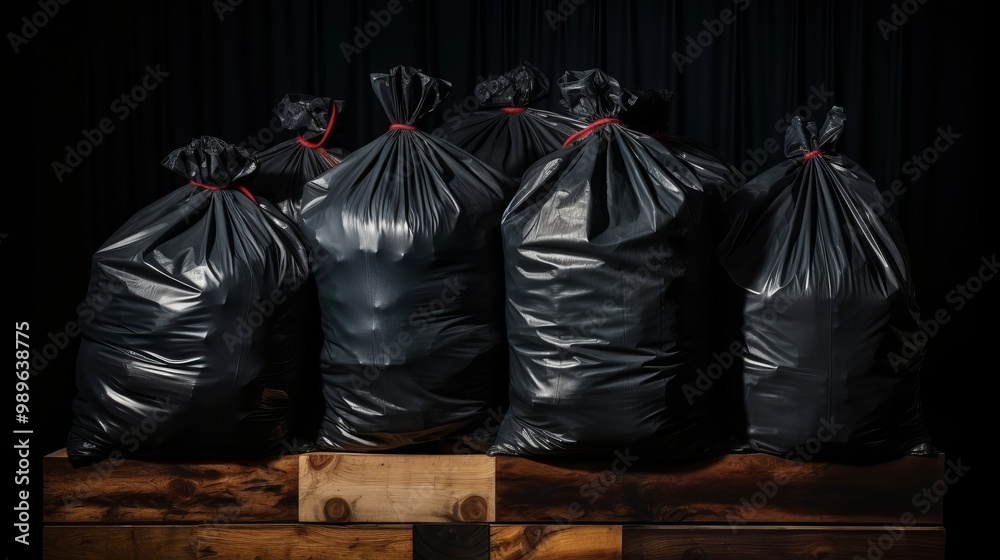 Black garbage bags stacked on a wooden surface against a dark backdrop in a dimly lit space Black garbage bags stacked on a wooden surface against a dark backdrop in a dimly lit space