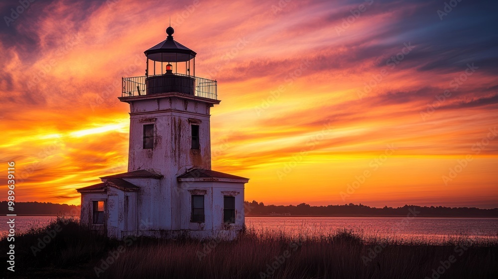 A weathered lighthouse stands against a vibrant sunset over calm waters. A weathered lighthouse stands against a vibrant sunset over calm waters.