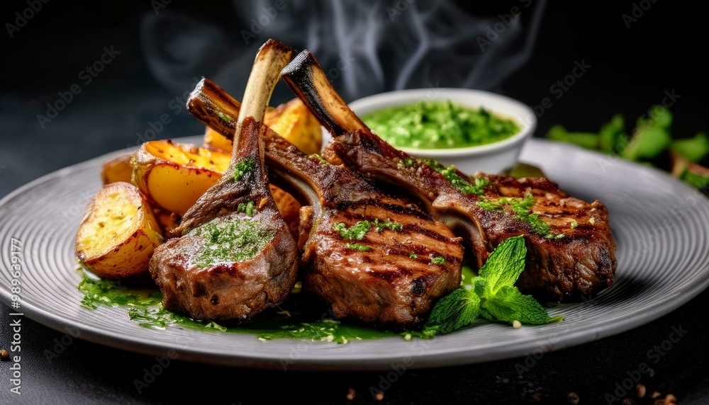 Lamb chops grilled with vegetables and rosemary, served on a plate as a delicious gourmet meal Lamb chops grilled with vegetables and rosemary, served on a plate as a delicious gourmet meal
