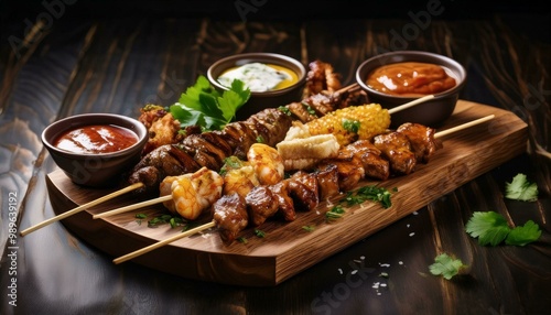 The image shows delicious shish kebabs on skewers grilling over a fire, featuring a mix of meats like chicken, pork, and beef, with vibrant vegetables like tomatoes and peppers