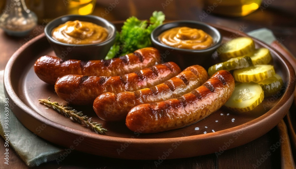Grilled and Fried Sausages on a Plate and Grill for a Delicious Meal Grilled and Fried Sausages on a Plate and Grill for a Delicious Meal