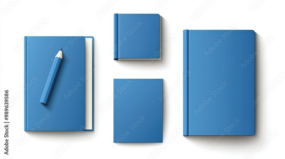 Clean and Contemporary 3D Blue Book and Notepad Mockups with Bookmark Template on White Background Clean and Contemporary 3D Blue Book and Notepad Mockups with Bookmark Template on White Background