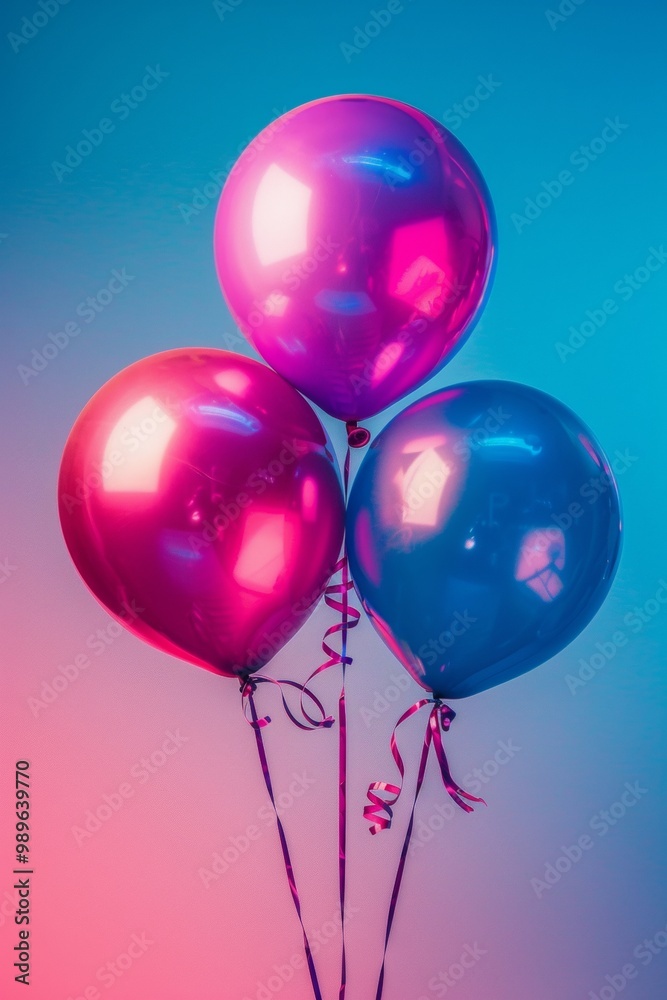 This image features three vibrant pink and blue balloons tied with matching ribbons, set against a striking gradient background, exuding festive charm. This image features three vibrant pink and blue balloons tied with matching ribbons, set against a striking gradient background, exuding festive charm.
