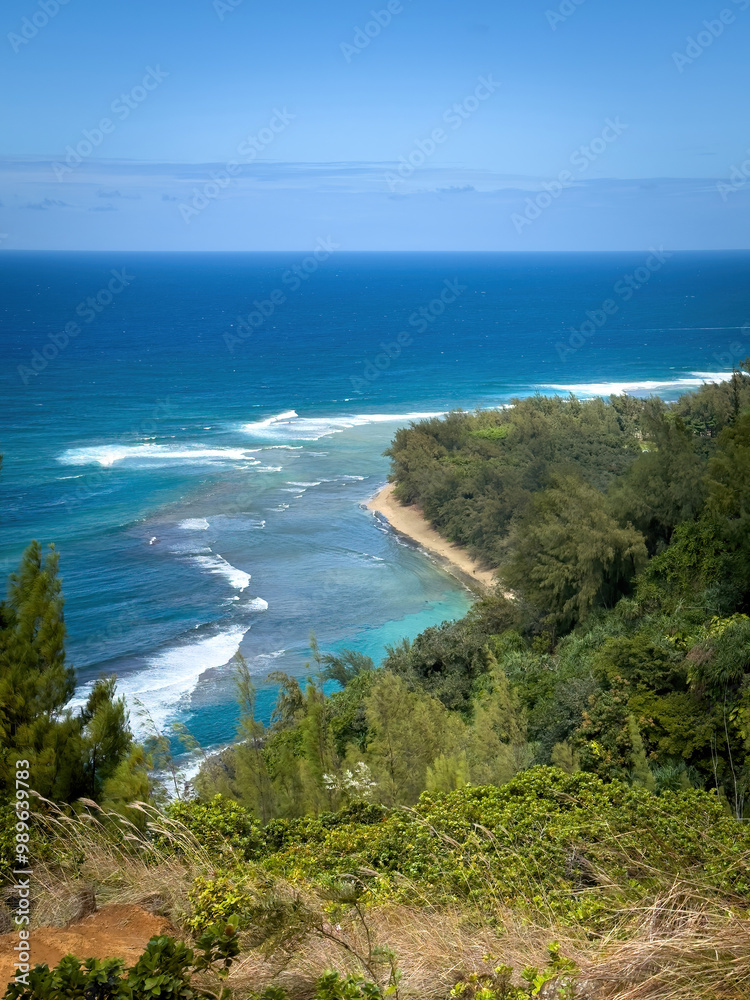 Fototapeta premium Kee Beach on the Hawaiian island of Kauai seen from Kalalau Trail against blue sky with clouds