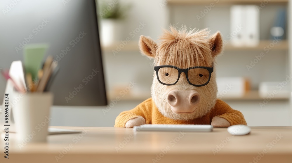 This charming image portrays a cartoon pony wearing glasses and working diligently at a computer desk in a neat home office, depicting a blend of cuteness and productivity.