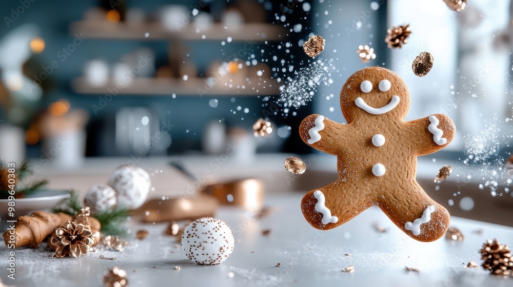 A gingerbread man with white icing appears to be floating amidst a snowy festive kitchen, evoking a magical and whimsical holiday atmosphere filled with joy and wonder. A gingerbread man with white icing appears to be floating amidst a snowy festive kitchen, evoking a magical and whimsical holiday atmosphere filled with joy and wonder.