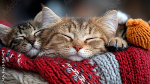 Two contented kittens lie cuddling together on a warm red blanket, creating a heartwarming and serene scene that exudes comfort and peacefulness.