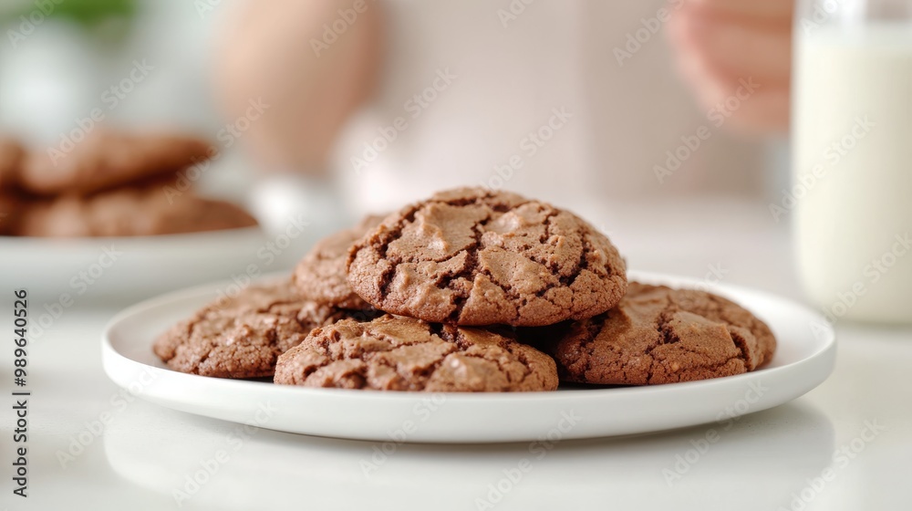 A plate of dark chocolate cookies stacked in focus with a blurred figure and a glass of milk in the background, creating an engaging food scene. A plate of dark chocolate cookies stacked in focus with a blurred figure and a glass of milk in the background, creating an engaging food scene.