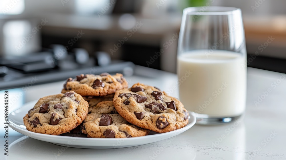 Delicious chocolate chip cookies piled high on a white plate, paired with a refreshing glass of milk, creating an inviting scene that evokes warmth and comfort of home. Delicious chocolate chip cookies piled high on a white plate, paired with a refreshing glass of milk, creating an inviting scene that evokes warmth and comfort of home.
