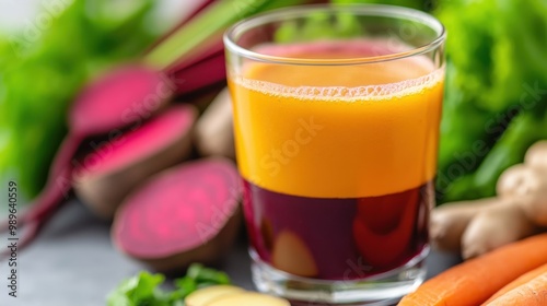 This image showcases layered vegetable juice with a distinguishable orange and purple gradient in a glass. It's surrounded by beets, carrots, ginger, and leafy greens, highlighting a fresh drink. photo