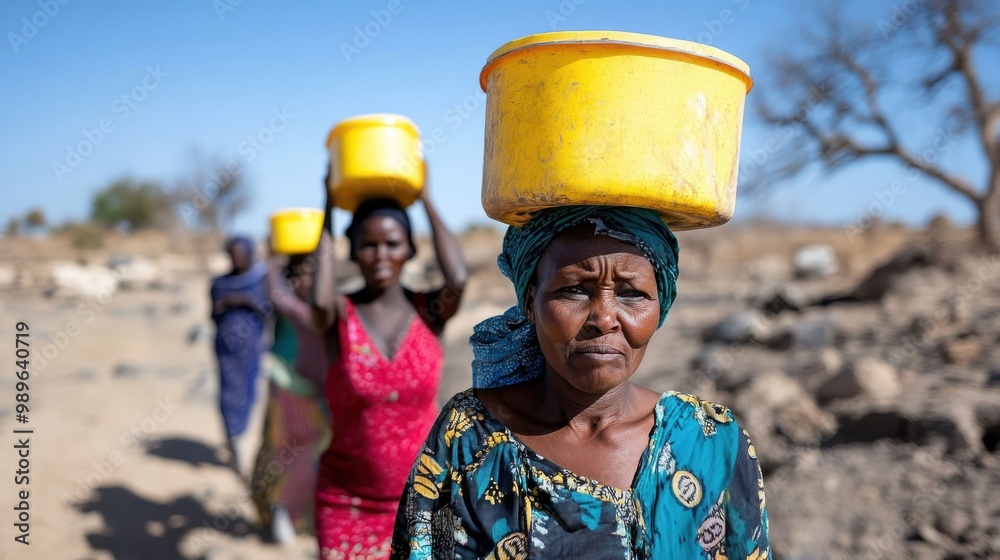 A procession of women in colorful traditional dresses walking in a parched rural area, each carrying a large yellow water container on their head, showcasing endurance. A procession of women in colorful traditional dresses walking in a parched rural area, each carrying a large yellow water container on their head, showcasing endurance.