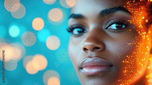 This artistic close-up of a woman's face features vibrant lighting effects, blending technology with emotion in a visually captivating representation of digital elegance.