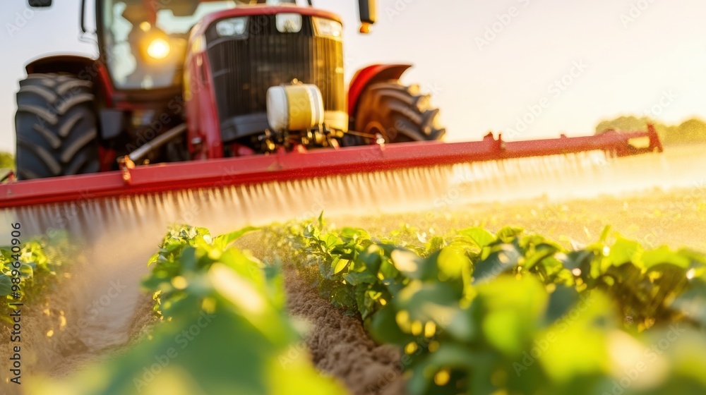 A red tractor sprays crops in lush green fields, with sunlight streaming onto the land, demonstrating modern farming techniques and agricultural work in a scenic rural setting. A red tractor sprays crops in lush green fields, with sunlight streaming onto the land, demonstrating modern farming techniques and agricultural work in a scenic rural setting.