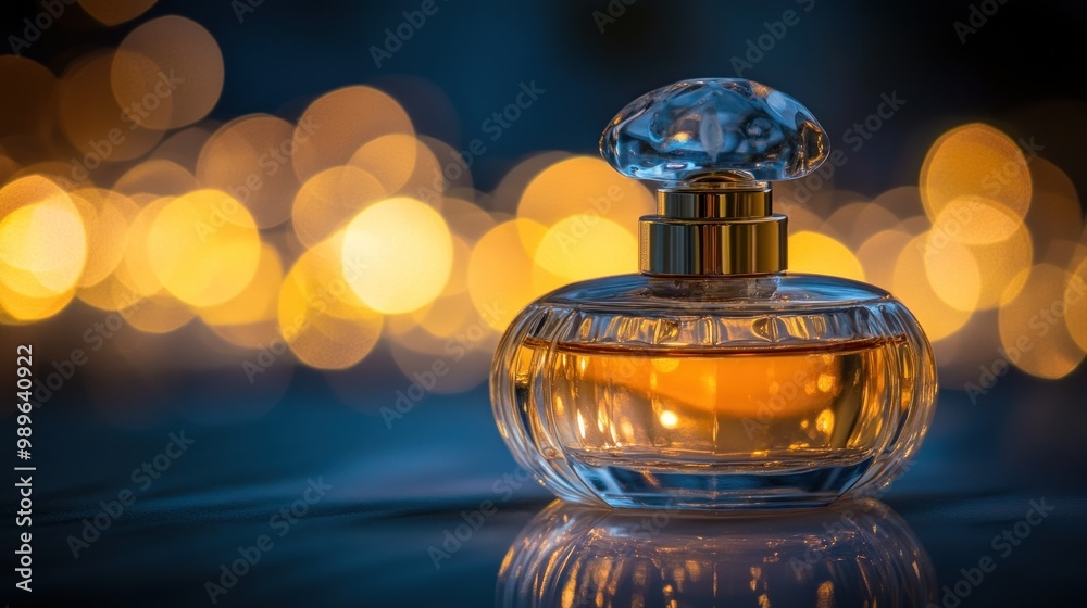 A close-up of an elegant perfume bottle with a warm glow against a blurred background. A close-up of an elegant perfume bottle with a warm glow against a blurred background.