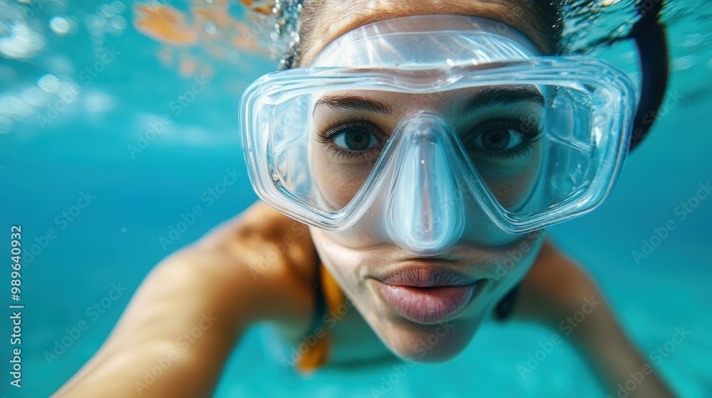 A close-up underwater image of a snorkeler in goggles captures the excitement and beauty of exploring marine life, evoking a sense of adventure and freedom. A close-up underwater image of a snorkeler in goggles captures the excitement and beauty of exploring marine life, evoking a sense of adventure and freedom.