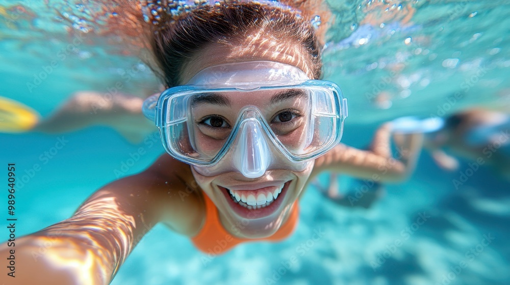 Naklejka premium An ecstatic woman underwater, smiling broadly while wearing snorkeling gear in a beautiful blue ocean setting, showcasing vivid and cheerful elements.