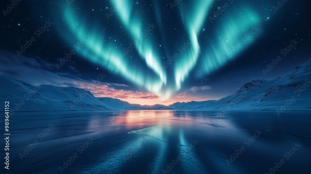 The sky is filled with auroras and stars. The auroras are blue and green and are seen in the sky above the water. The sky is filled with auroras and stars. The auroras are blue and green and are seen in the sky above the water.
