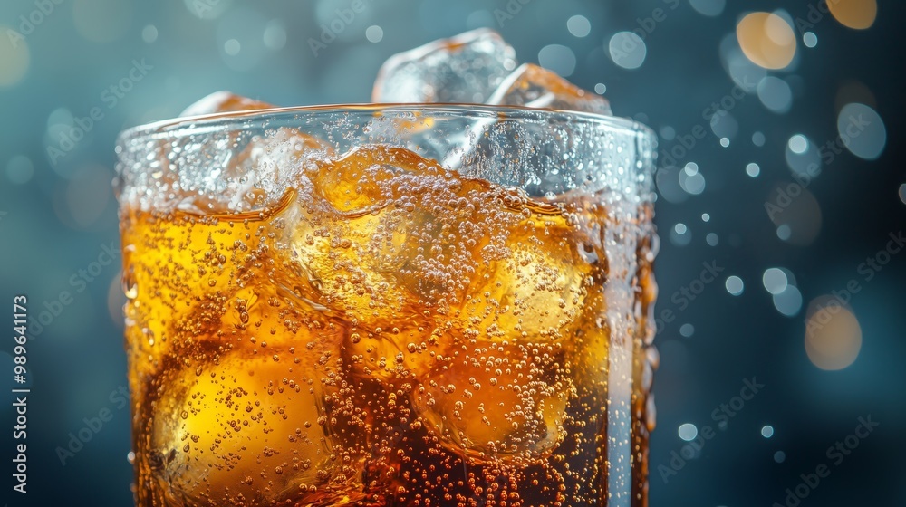 A glass of soda with ice cubes in it. The ice cubes are melting and the soda is fizzy. A glass of soda with ice cubes in it. The ice cubes are melting and the soda is fizzy.