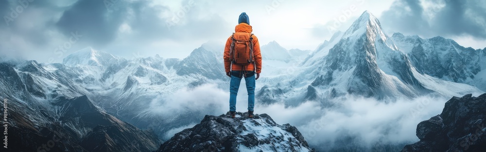 Lone climber standing on snowy mountain peak under a dramatic twilight sky Lone climber standing on snowy mountain peak under a dramatic twilight sky