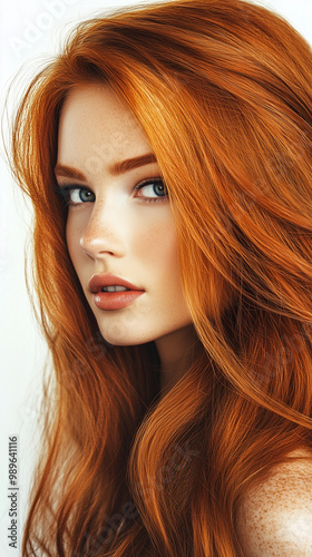Red hair girl with long shiny hair on a white background, shampoo advertising 