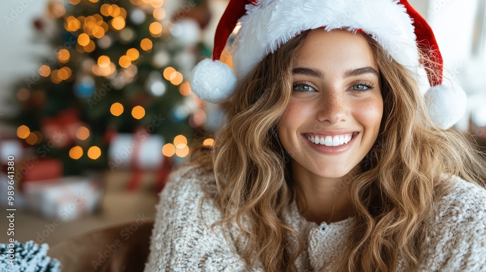 A happy woman wearing a Santa hat and warm sweater is indoors by a Christmas tree with lights and wrapped gifts, enjoying the warm holiday atmosphere. A happy woman wearing a Santa hat and warm sweater is indoors by a Christmas tree with lights and wrapped gifts, enjoying the warm holiday atmosphere.