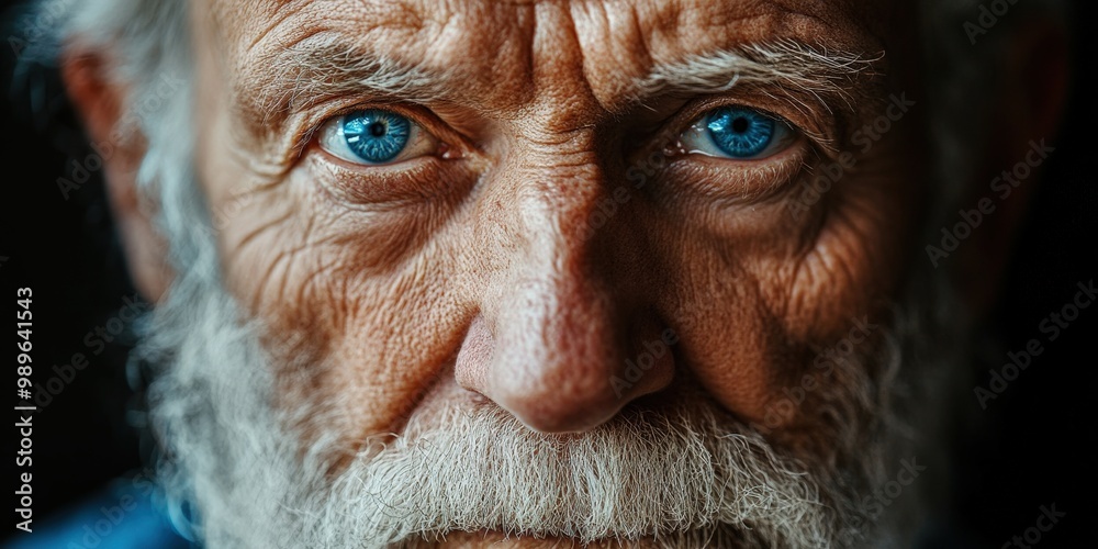 Close-up portrait of an old man with wrinkled face and piercing blue eyes