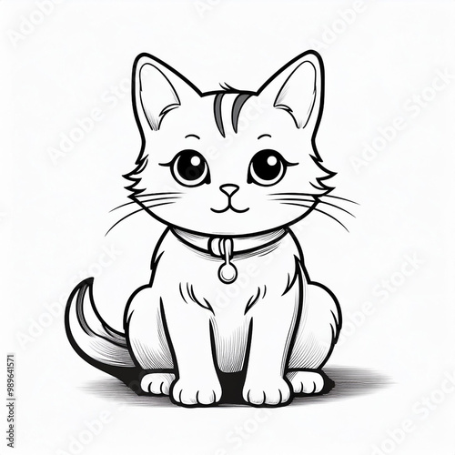 Simple black and white ilustration of a cute cat. Can be used as a children coloring page.