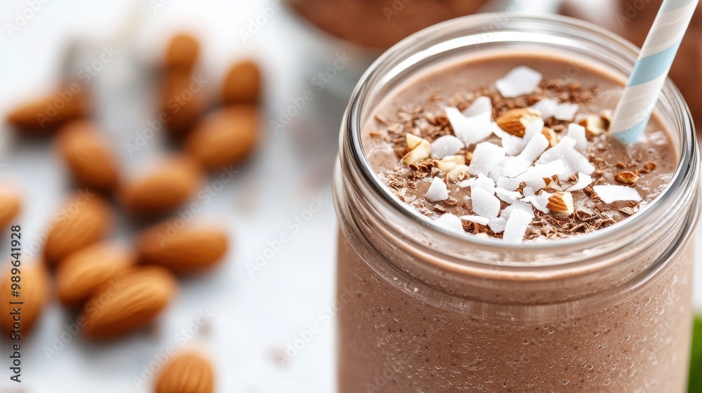 A delicious nutty chocolate smoothie served in a mason jar, decorated with coconut flakes, grated chocolate, and crushed almonds, surrounded by whole almonds and a jar.