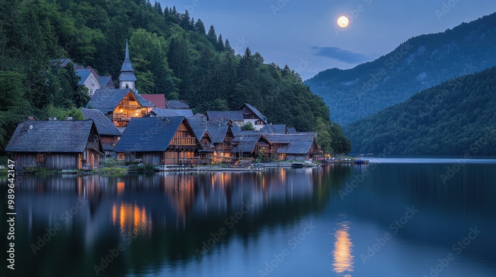 Fototapeta premium Serene lakeside village under a full moon, reflecting in calm waters.