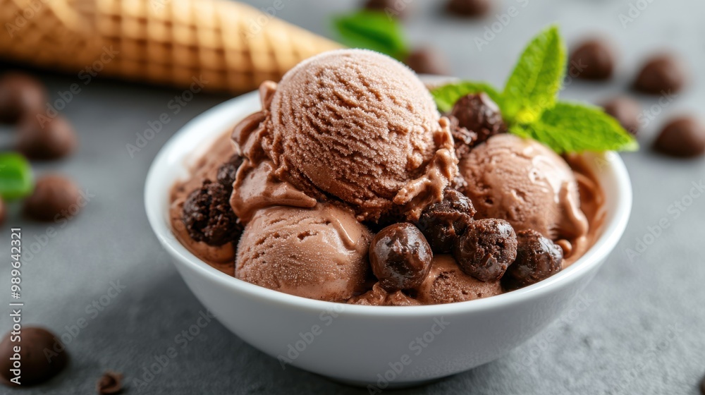 A close-up image of a white bowl filled with scoops of rich chocolate ice cream, adorned with chocolate chips, and garnished with mint leaves for added freshness. A close-up image of a white bowl filled with scoops of rich chocolate ice cream, adorned with chocolate chips, and garnished with mint leaves for added freshness.