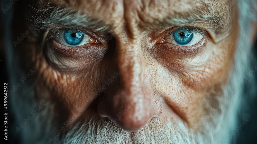Close-up portrait of an old man with wrinkled face and piercing blue eyes Close-up portrait of an old man with wrinkled face and piercing blue eyes