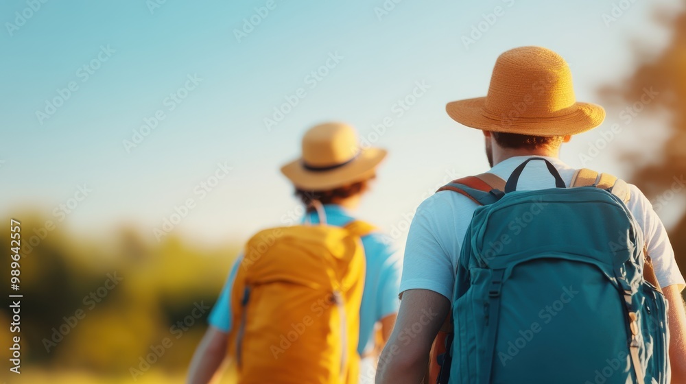 An image of two hikers wearing large backpacks, strolling through a natural, wilderness area, under a clear blue sky, capturing the spirit of adventure and exploration. An image of two hikers wearing large backpacks, strolling through a natural, wilderness area, under a clear blue sky, capturing the spirit of adventure and exploration.