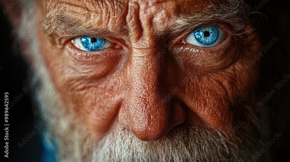 Close-up portrait of an old man with wrinkled face and piercing blue eyes Close-up portrait of an old man with wrinkled face and piercing blue eyes