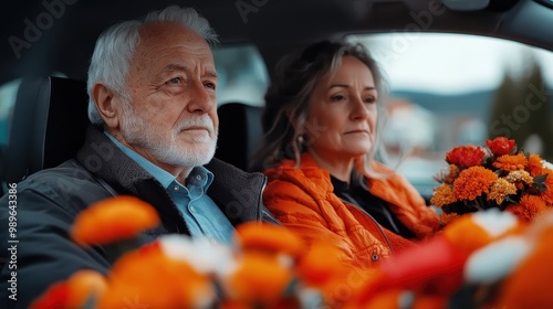 A thoughtful elderly couple sits quietly, holding flowers, reflecting on life with warmth and introspection, capturing a moment of contemplative affection and depth. photo