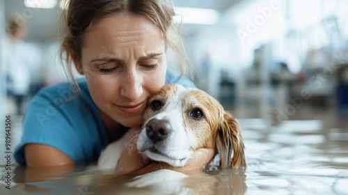 A devoted veterinarian lovingly embraces a dog while both stand in knee-high flood water, demonstrating the strong connection and mutual support amid adversity.