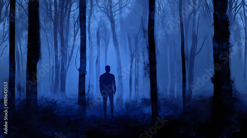 Man silhouette in mystic dark blue foggy forest. Foggy Forest. Illustration