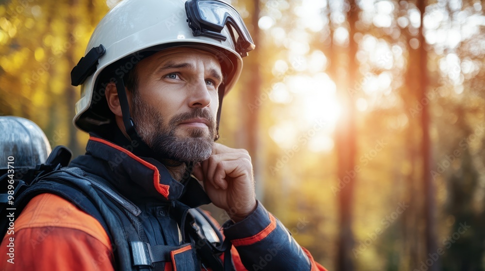 A thoughtful firefighter in full gear and helmet gazes into the distance amidst a forest during sunrise, symbolizing vigilance and readiness for emergencies. A thoughtful firefighter in full gear and helmet gazes into the distance amidst a forest during sunrise, symbolizing vigilance and readiness for emergencies.
