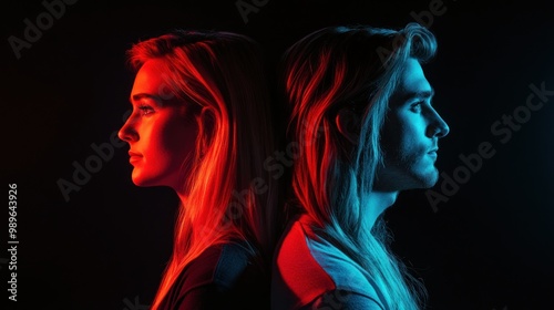 A striking profile shot of two individuals surrounded by contrasting colored lighting.