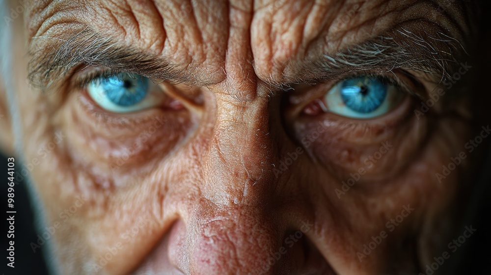 Close-up portrait of an old man with wrinkled face and piercing blue eyes Close-up portrait of an old man with wrinkled face and piercing blue eyes