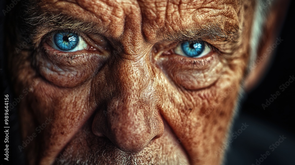 Close-up portrait of an old man with wrinkled face and piercing blue eyes Close-up portrait of an old man with wrinkled face and piercing blue eyes