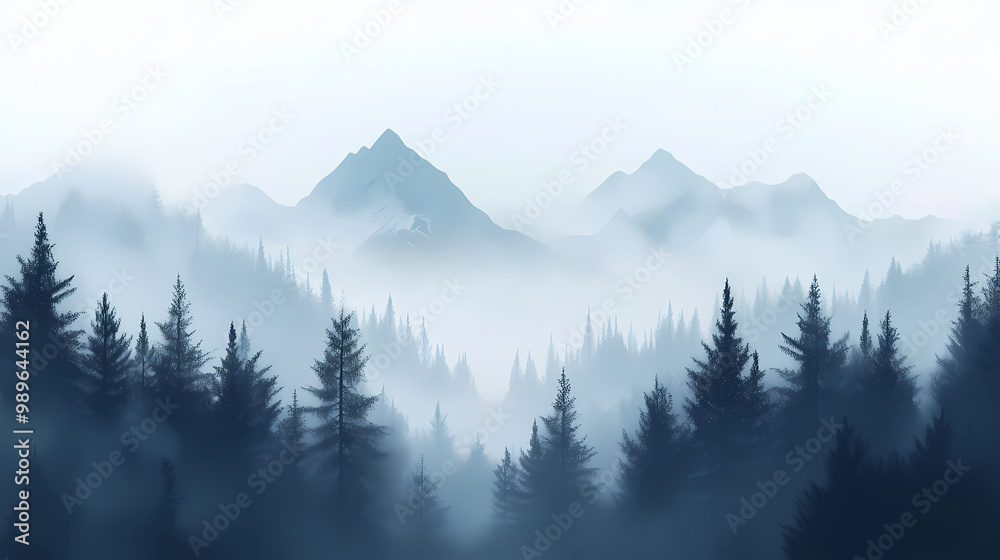 Obraz premium Misty forest in a bleak landscape with foggy mountains and fir trees. generative ai. Foggy Forest. Illustration