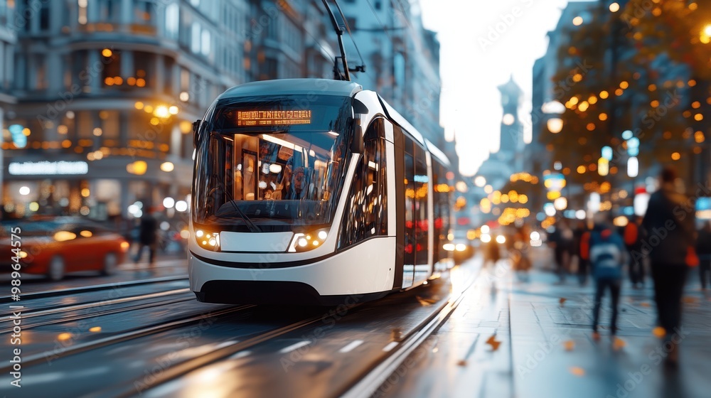 A modern tram navigates the bustling streets of a city at twilight, surrounded by the vibrant lights and dynamic energy of urban life transitioning into evening. A modern tram navigates the bustling streets of a city at twilight, surrounded by the vibrant lights and dynamic energy of urban life transitioning into evening.