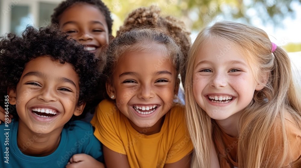 A group of five children gleefully smiling at the camera, wearing brightly colored t-shirts as they enjoy a sunny day, showcasing youthful energy and friendship. A group of five children gleefully smiling at the camera, wearing brightly colored t-shirts as they enjoy a sunny day, showcasing youthful energy and friendship.