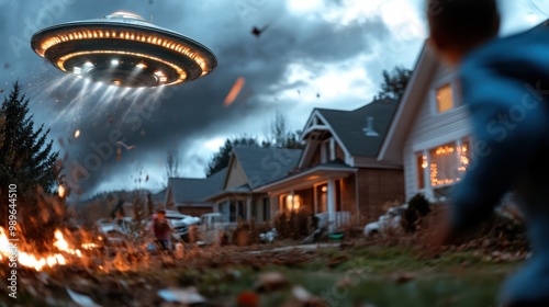 A dramatic scene of a UFO landing in a suburban neighborhood, causing chaos with scattered debris and curious residents looking on, highlighting mystery and excitement.