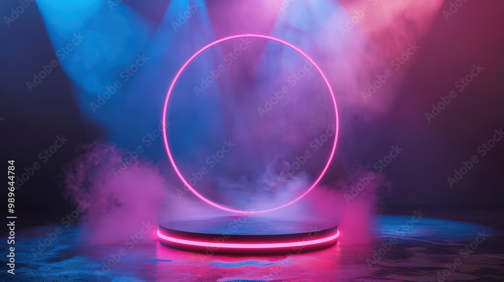 A glowing neon circle encircled by colorful fog, crafting a mystical atmosphere great for events and creative backgrounds. A glowing neon circle encircled by colorful fog, crafting a mystical atmosphere great for events and creative backgrounds.