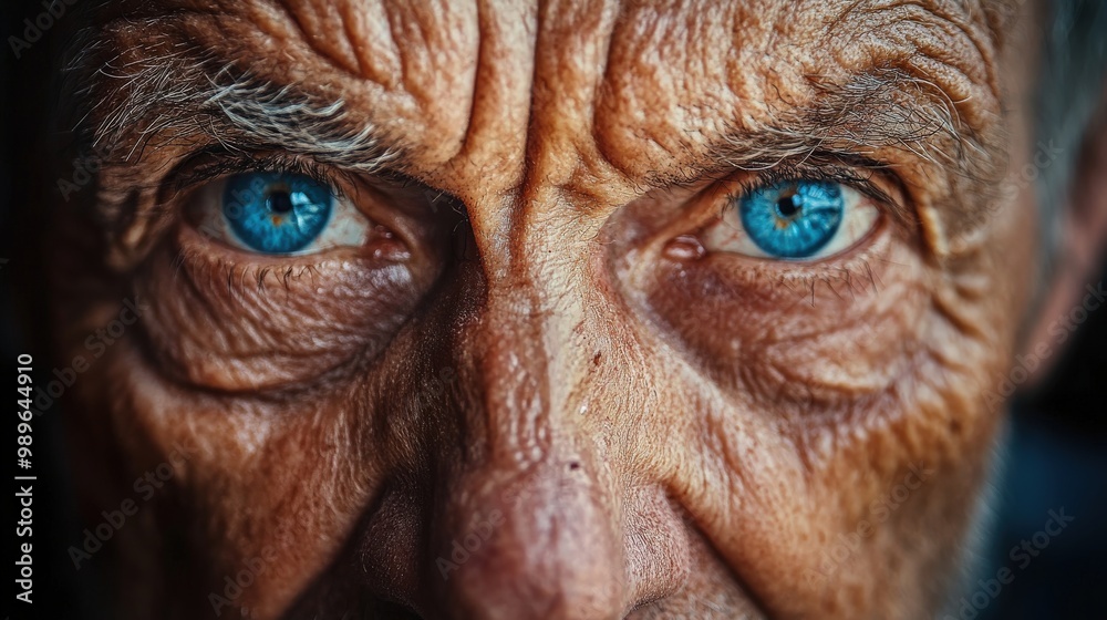 Close-up portrait of an old man with wrinkled face and piercing blue eyes